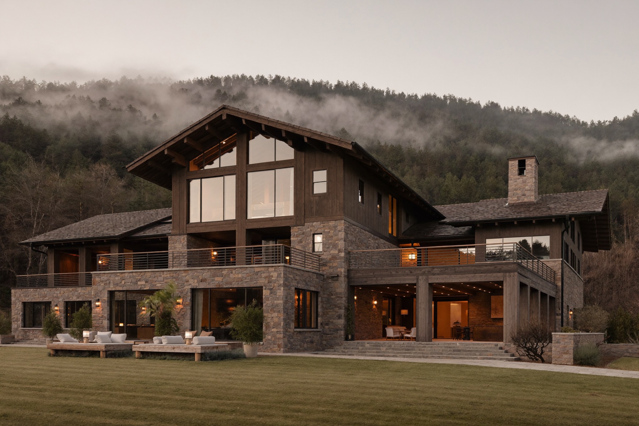 Timber and stone lodge exterior glowing at dusk